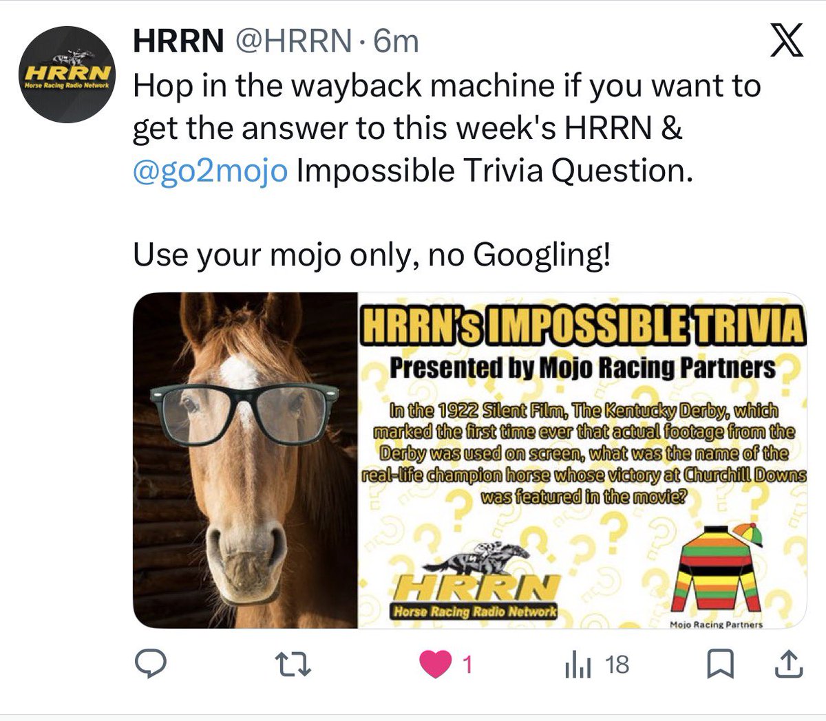 Do you like movies about horse racing? See if you know the answer to today’s <a href="/HRRN/">HRRN</a> Impossible Trivia Question sponsored by Mojo Racing Partners…