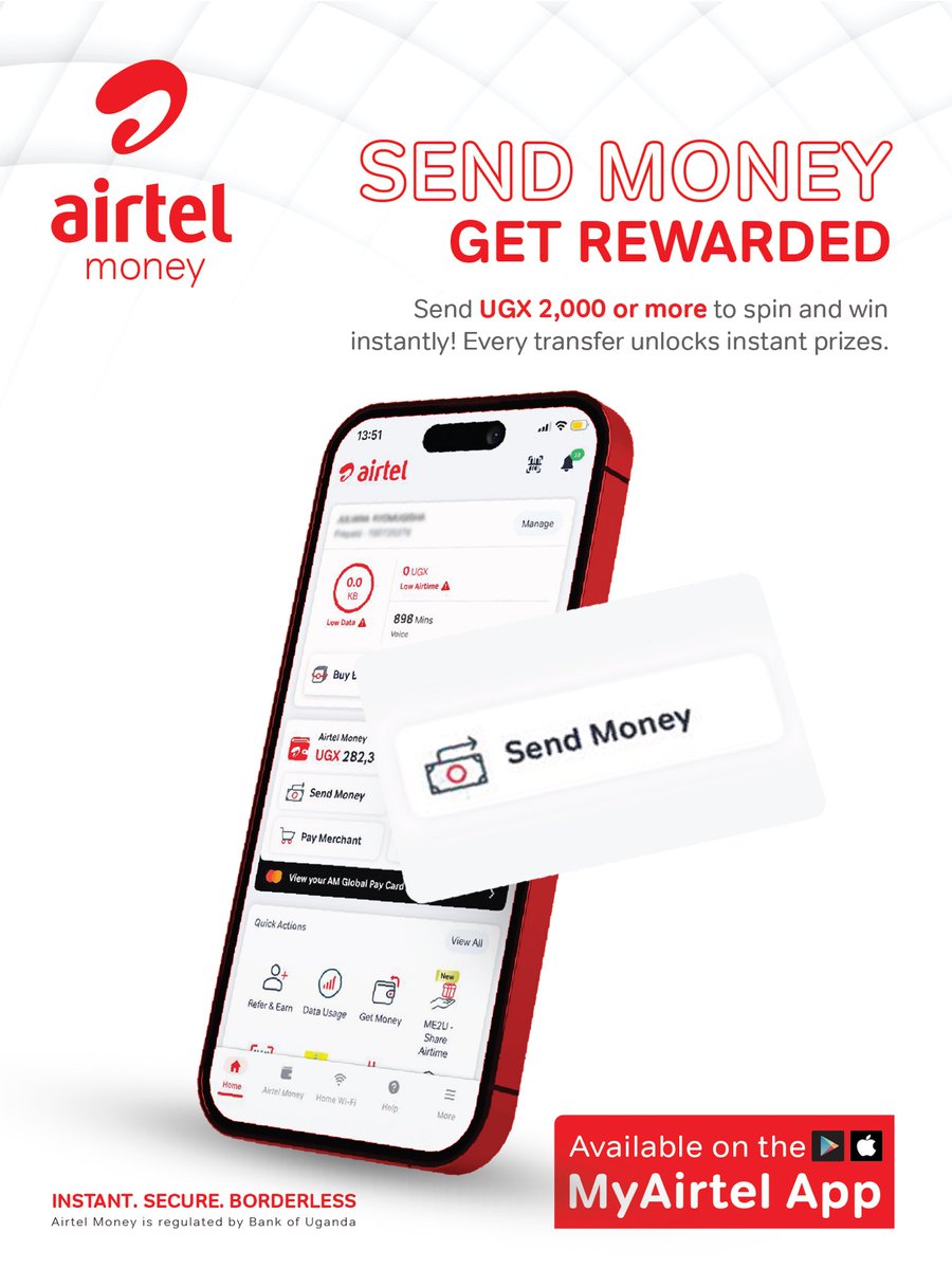 airtelmoneyug's tweet image. Enjoy something extra with every money transfer above UGX 2000 😉
 
Send money using the #MyAirtelApp and spin the wheel to win instant prizes. 

#SpinAndWin