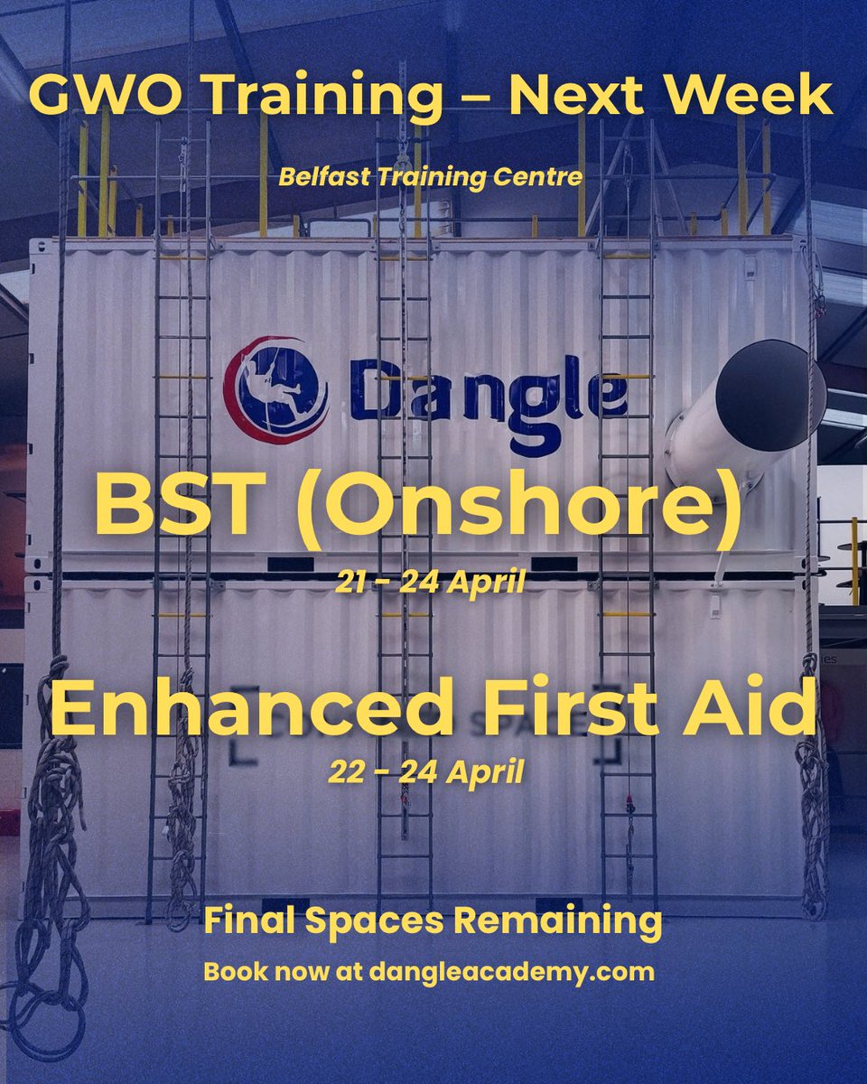 DangleAcademyNI's tweet photo. Still time to get booked for next week:
GWO BST (Onshore) GWO EFA
Limited spaces remaining.
https://t.co/QdtfK5cYCv
#gwo #gwotraining https://t.co/O19hYaT6Kd