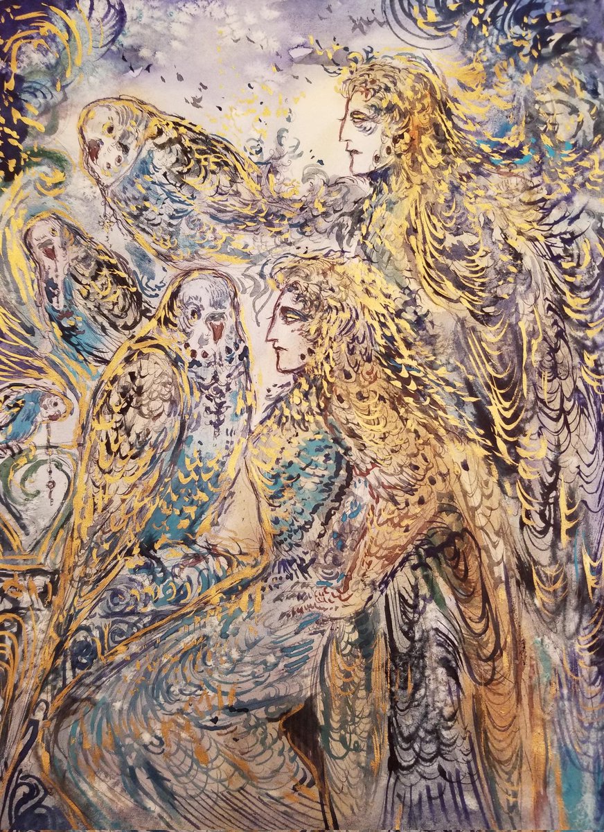Epstudiodesign's tweet image. Budgie 
Watercolor ORIGINAL #Painting: Surreal Parrot Bird Goddess Budgerigar Nature Spirit Folklore #Fantasy #Art