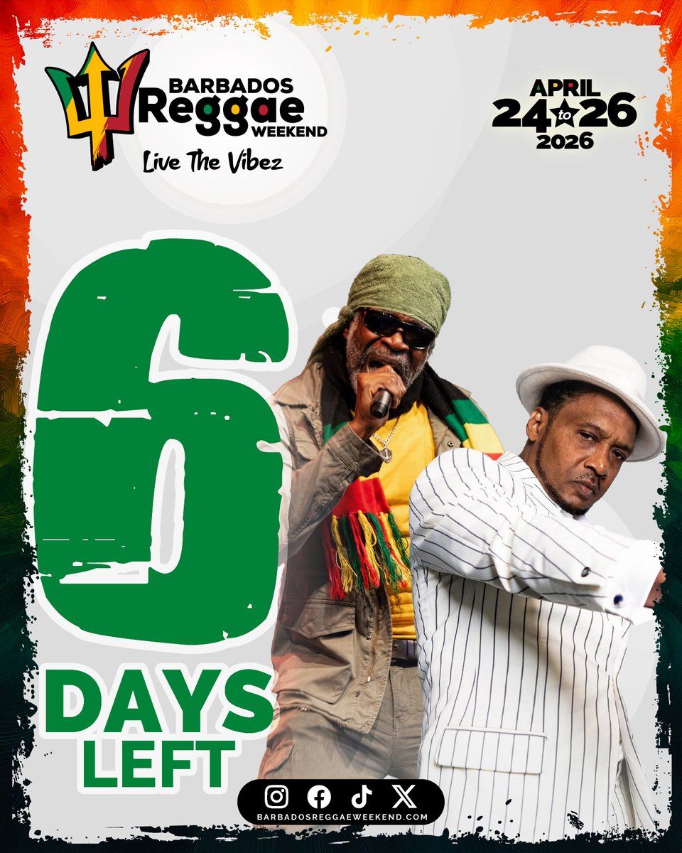 reggaeweekend's tweet image. Barbados Reggae Weekend 2026 is almost here, and if you've been waiting all year for this, you're not alone! 

Just 6 days until we Live The Vibez together🔥 

#BarbadosReggaeWeekend #LiveTheVibez #VisitBarbados