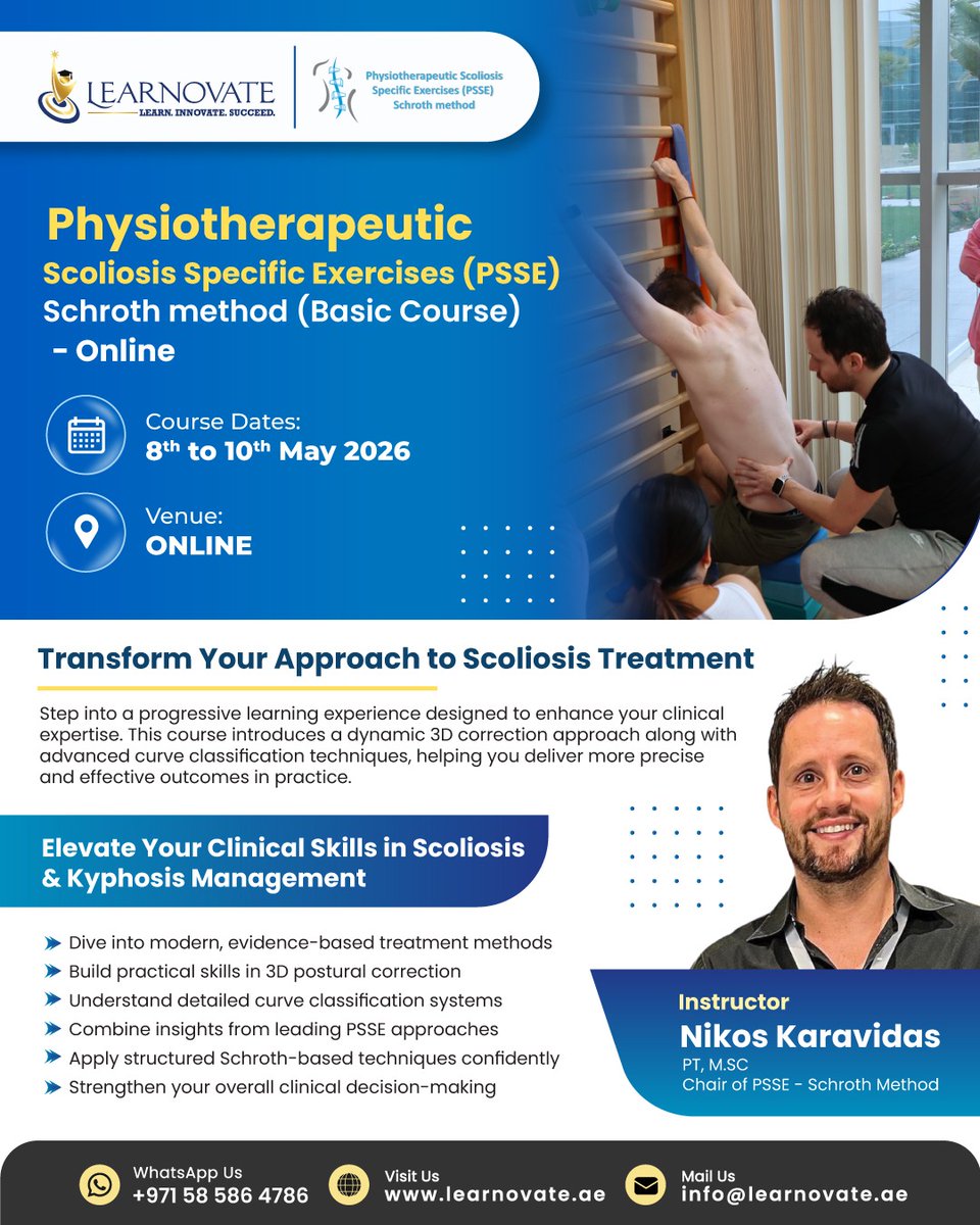 LearnovateHC's tweet image. Upgrade your scoliosis rehab skills with the PSSE - Schroth Method (Online) 🧠

📅 May 8–10
🌐 Live Online

Limited seats, register now 👇
learnovate.ae

#scoliosis #physiotherapy #schrothmethod #rehab #onlinecourse #clinicalskills