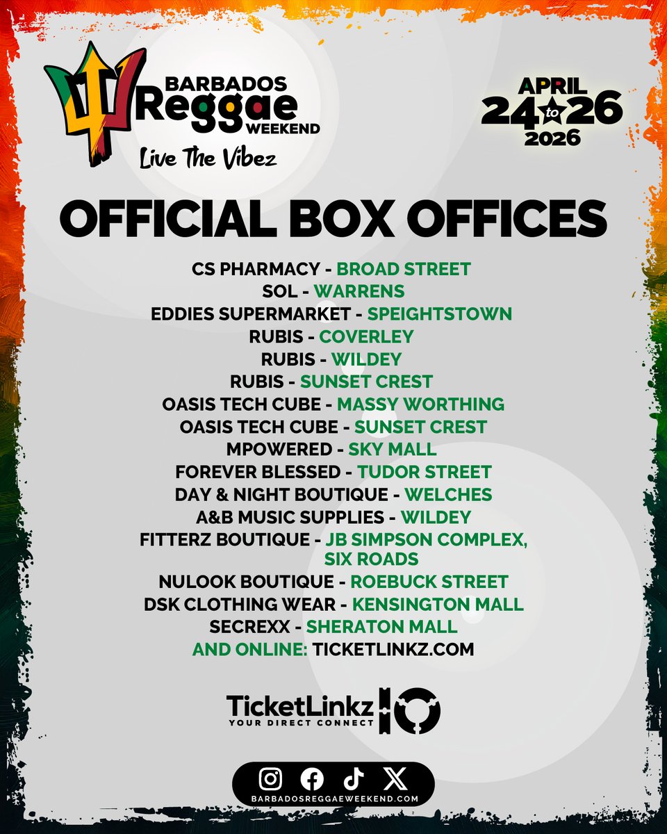reggaeweekend's tweet image. Barbados Reggae Weekend 2026 is almost here, and if you've been waiting all year for this, you're not alone! 

Just 6 days until we Live The Vibez together🔥 

#BarbadosReggaeWeekend #LiveTheVibez #VisitBarbados
