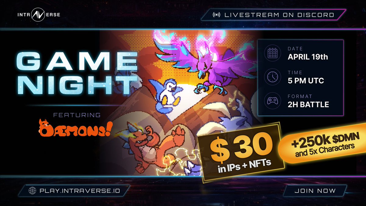 intraVerse_Game's tweet photo. TOMORROW: DÆMONS 2 HOURS BATTLE! 🔥

Join our game night with @daemons_gamefi, rewards for Top Players and livestream in our Discord at @ 5 PM UTC ⏰

Up to 700x by staking your Omni &amp; Super Pass!

350 IPs for everyone in the livestream, see you there! 🎁 https://t.co/1mULxkl2nN