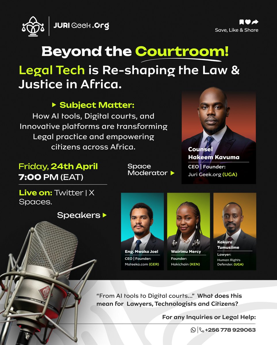 RobertIthilebu's tweet photo. What does this mean for lawyers, technologists, and ordinary citizens in Africa?

Don’t just read about the future of law — hear it live.

>>Friday, 24th April
>>7 PM EAT

Featuring legal tech founders &amp; human rights defenders.

#LegalTech @HakeemCounsel @HakiChain @joelmwk https://t.co/GC3PSQQqPR