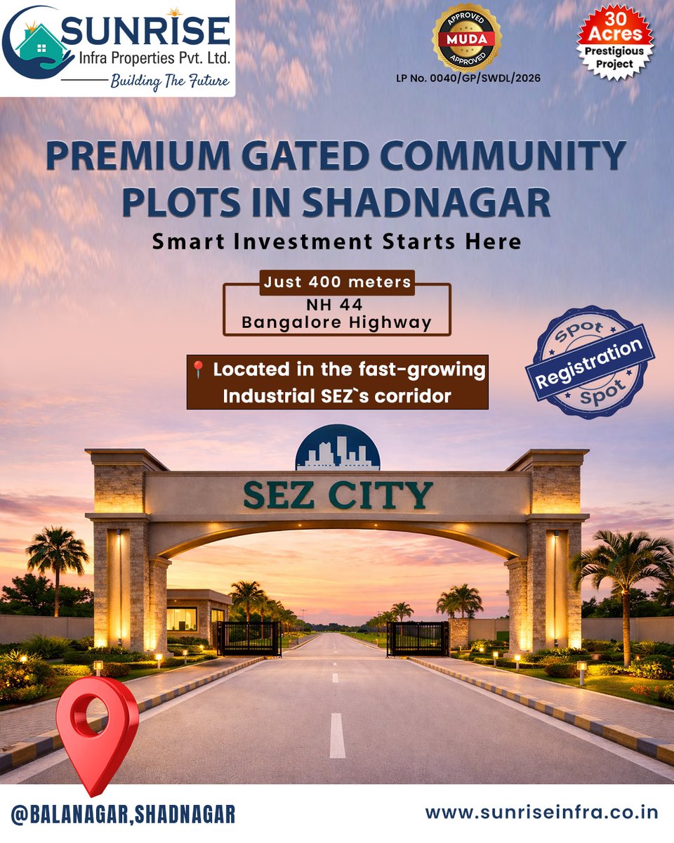 ProjectsInfra's tweet image. Step into a premium gated lifestyle at SEZ CITY, Shadnagar! 
Now with well-planned cement roads, modern infrastructure &amp;amp; prime location advantage.

📍 Just 400 meters from NH-44
🚀 Located in fast-growing Industrial SEZ Corridor
🌟 30 Acres Prestigious Project
#ShadnagarPlots