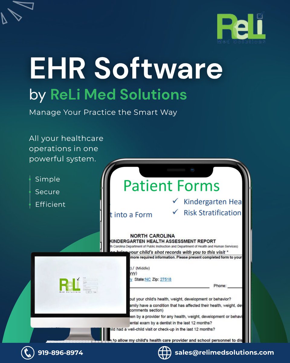 Relimed's tweet image. ReLi Med Solutions' EHR Software simplifies healthcare with secure, efficient management for doctors and easy access for patients. 📞 919-896-8974

#EHRSoftware #HealthcareTech #PracticeManagement #MedicalBilling #DoctorTools #PatientCare #SmartHealthcare #ReLiMedSolutions