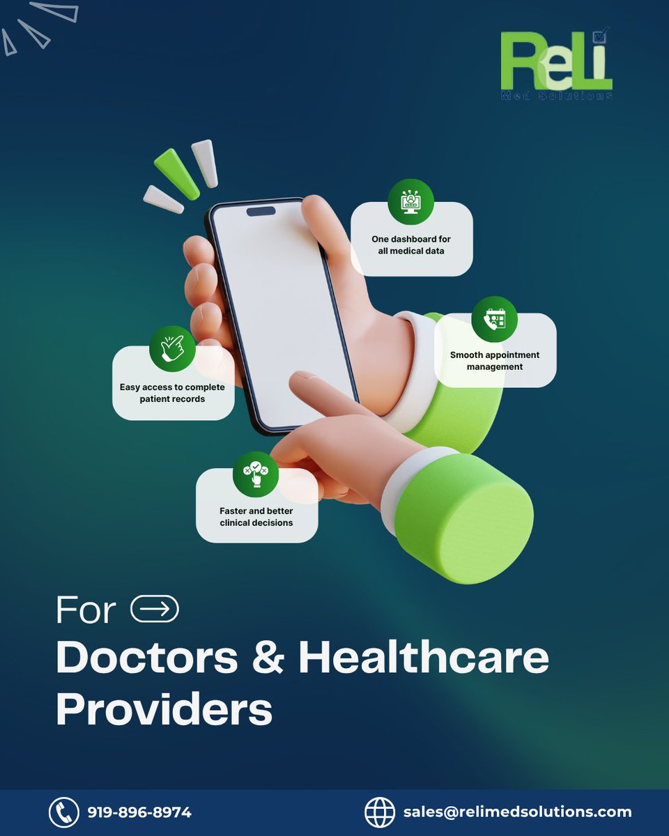 Relimed's tweet image. ReLi Med Solutions' EHR Software simplifies healthcare with secure, efficient management for doctors and easy access for patients. 📞 919-896-8974

#EHRSoftware #HealthcareTech #PracticeManagement #MedicalBilling #DoctorTools #PatientCare #SmartHealthcare #ReLiMedSolutions