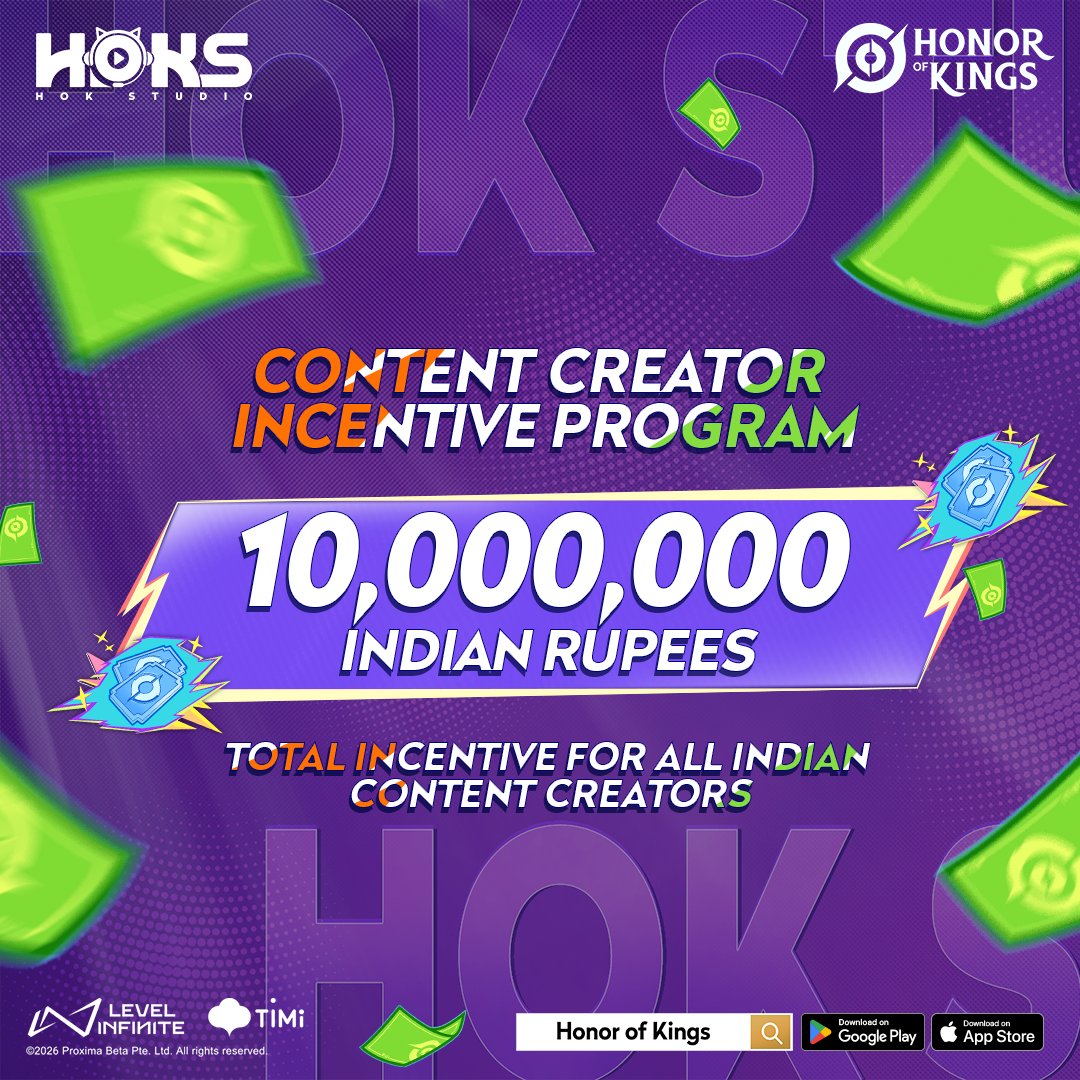 HOKIndia's tweet photo. 10,000,000 Indian Rupees for YOU! 💰🇮🇳
The Content Creator Incentive Program is officially open. It’s time to turn your creativity into rewards and claim your share of the pool.
Join the HOK Studio revolution today - https://t.co/2Qq599hAJN
#HOKStudio #HonorOfKings #HOK #CreatorProgram