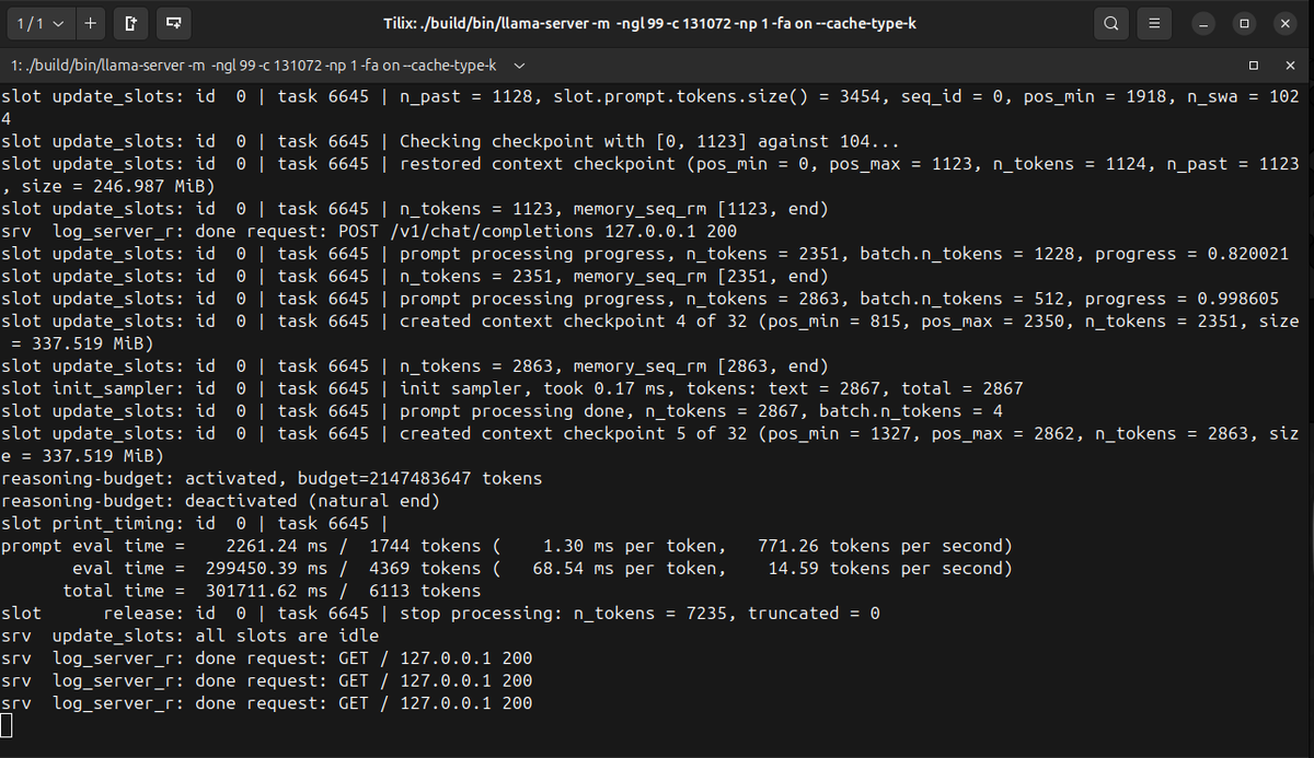 llama-server 终端输出显示 Gemma 4 31B 以 14.59 tok/s 推理及提示词缓存指标