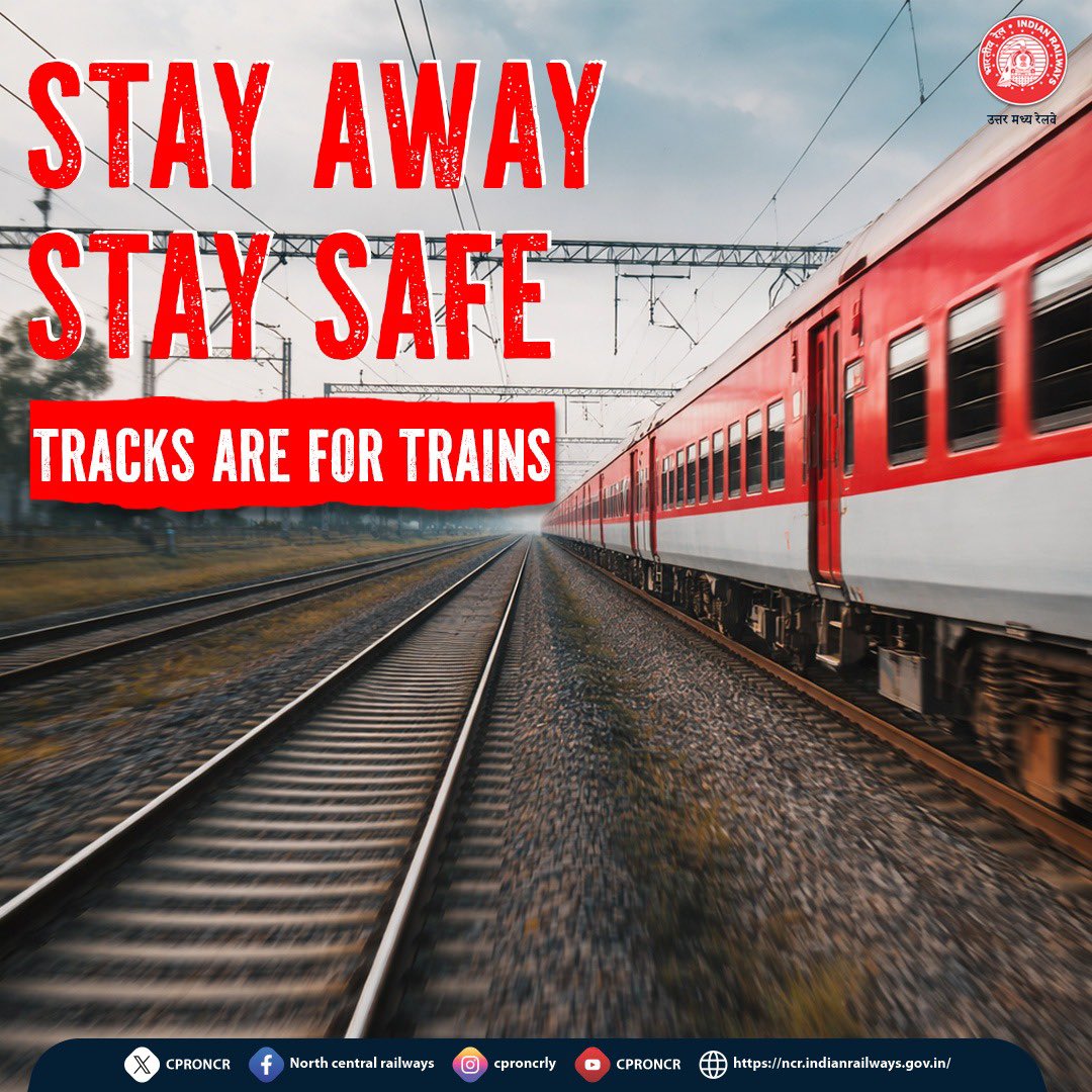 CPRONCR's tweet image. Railway tracks are meant only for trains— do not walk along or near them🚆⚠️

Stay fully aware of your surroundings, A moment of negligence can be life-threatening.💯

#NCRailway #StayAlert #StaySafe #RailwaySafety #TrackSafety #Indianrailways