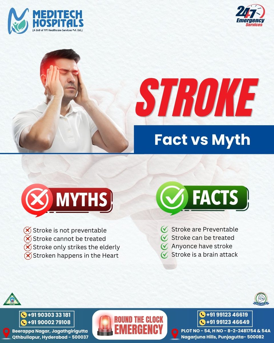 Meditech_hyd's tweet image. Minutes matter in a #stroke. Don't let myths delay care. 🧠⚡
​🚨 Myth: Only for the elderly. → Fact: Can happen at any age.
🚨 Myth: It's a #heartissue. → Fact: It's a " #brainattack ."
#​MeditechHospitals |  24/7 Emergency Care
📍 +91 90303 33181 : +91 99123 46619