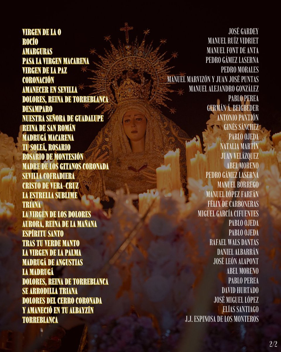 💜 La música del 𝐒𝐚́𝐛𝐚𝐝𝐨 𝐝𝐞 𝐏𝐚𝐬𝐢𝐨́𝐧. Así #SienteLasNieves junto a nuestra <a href="/HdadlosDolores/">𝑫𝒐𝒍𝒐𝒓𝒆𝒔 𝒅𝒆 𝑻𝒐𝒓𝒓𝒆𝒃𝒍𝒂𝒏𝒄𝒂</a> 

Del clasicismo de López Farfán, Gámez Laserna, Beigbeder o Font Marimont a lo más contemporáneo de la mano de David Hurtado, Daniel Albarrán, López Gándara o Elías Santiago.