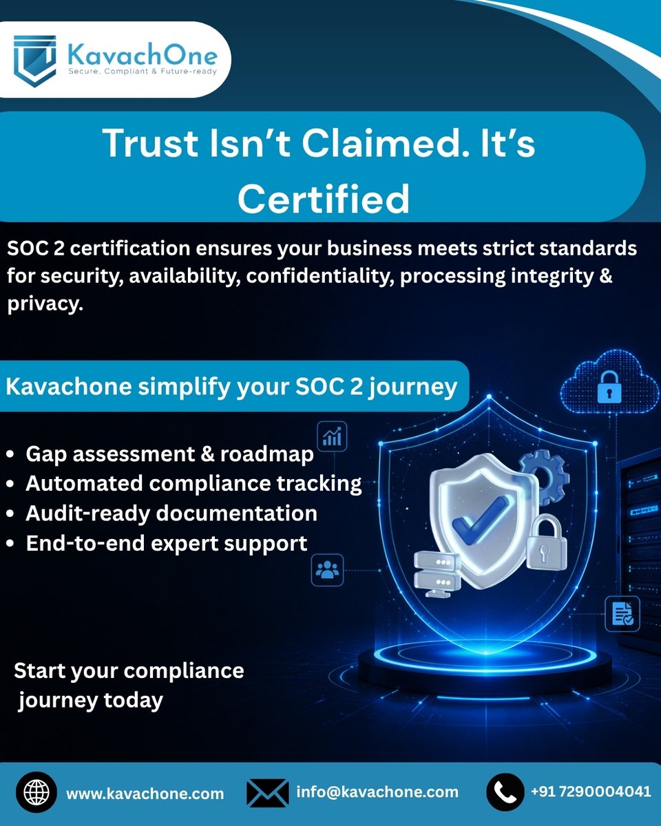 infoKavachOne's tweet image. 𝗧𝗿𝘂𝘀𝘁 𝗶𝘀𝗻’𝘁 𝗰𝗹𝗮𝗶𝗺𝗲𝗱—𝗶𝘁’𝘀 𝗰𝗲𝗿𝘁𝗶𝗳𝗶𝗲𝗱.
Get 𝗦𝗢𝗖 𝟮 compliant with ease using 𝗞𝗮𝘃𝗮𝗰𝗵𝗢𝗻𝗲 
From gap assessment to audit-ready—everything simplified.

𝗦𝘁𝗮𝗿𝘁 𝘆𝗼𝘂𝗿 𝗰𝗼𝗺𝗽𝗹𝗶𝗮𝗻𝗰𝗲 𝗷𝗼𝘂𝗿𝗻𝗲𝘆 𝘁𝗼𝗱𝗮𝘆.
#SOC2 #CyberSecurity