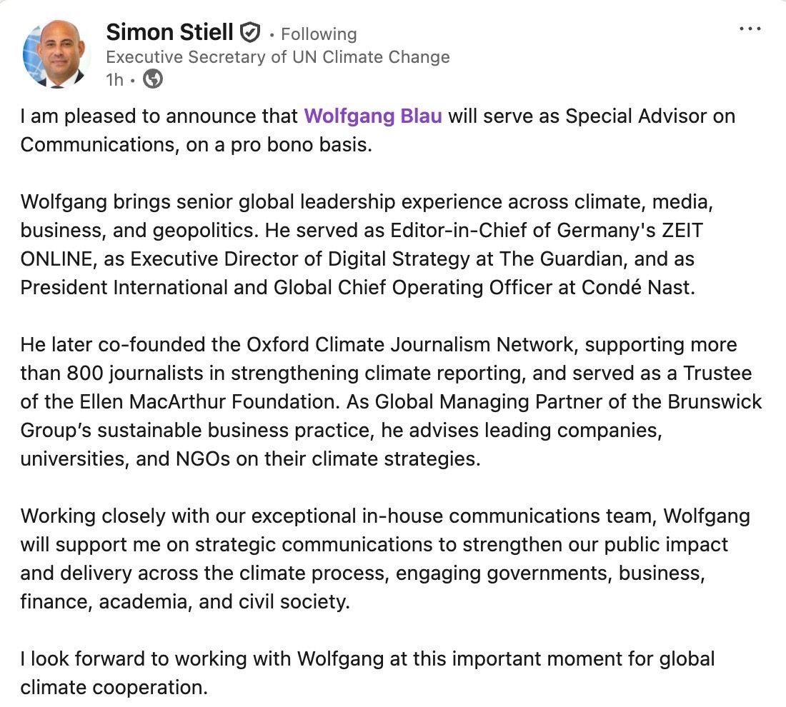 wblau's tweet photo. There are moments in life one cannot quite prepare for. Since my childhood, I have identified deeply with the United Nations and its promise. I am eager to get to work with Simon Stiell and the UN Climate Change team, UNFCCC. https://t.co/fdx2QrAOBx