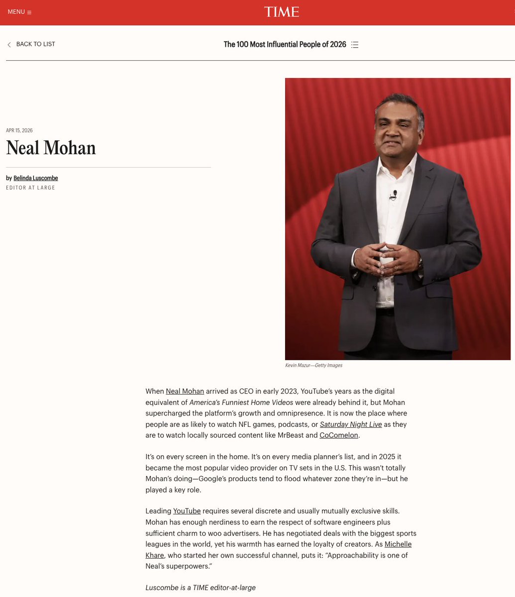 RealIndianAm's tweet photo. Indian Americans making a difference.
TIME 100 World's Most Influential People 2026
4/
YouTube CEO @nealmohan profiled by @luscombeland.
https://t.co/ryS2BIEcwH

When Neal Mohan arrived as CEO in early 2023, YouTube’s years as the digital equivalent of America’s Funniest Home Videos were already behind it, but Mohan supercharged the platform’s growth and omnipresence. It is now the place where people are as likely to watch NFL games, podcasts, or Saturday Night Live as they are to watch locally sourced content like MrBeast and CoComelon.