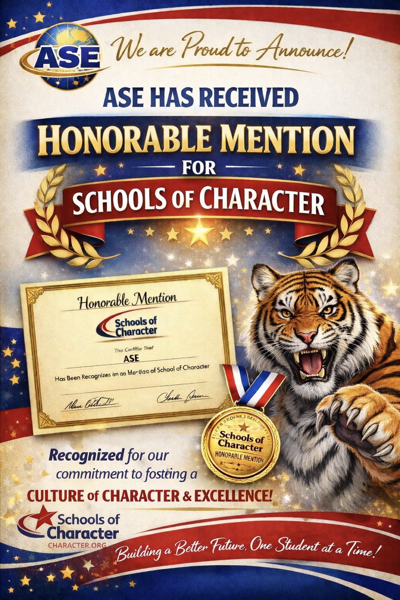 AcademyStreetES's tweet image. ASE earned Honorable Mention for Schools of Character through Character Counts! 🏅

So proud of our amazing staff, students, and community for building a culture of respect and care every day.

Go Tigers! 🐯 #ROAR