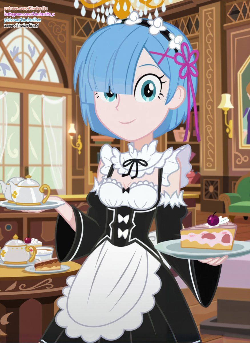 Rem from Re:Zero in accurate My Little Pony style, serving her master.