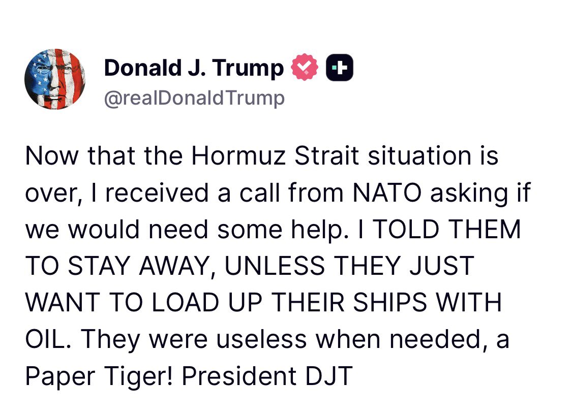 HonEjiofor's tweet photo. ‘Stay away’ – Trump rejects NATO offer to help with Hormuz https://t.co/MgGqGEcrWF