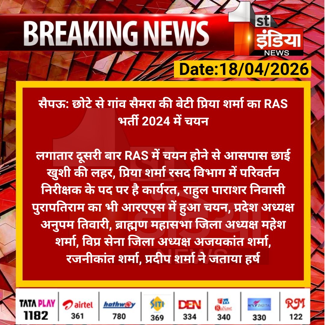 #Dholpur #सैपऊ: छोटे से गांव सैमरा की बेटी प्रिया शर्मा का RAS भर्ती 2024 में चयन

लगातार दूसरी बार RAS में चयन होने से आसपास छाई खुशी की लहर, प्रिया शर्मा रसद विभाग में परिवर्तन निरीक्षक के...

#RASRecruitment2024 #Result #RPSC #RajasthanWithFirstIndia
<a href="/RPSC1/">Rajasthan Public Service Commission</a>