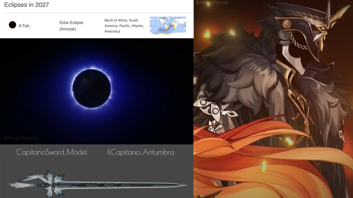 AboutTeyvat's tweet image. CAPITANO BELIEVERS LISTEN CLOSELY ‼️

7.4 is now set to release on January 27!

Which is the SAME PATCH as next year's Antumbra | Annular Eclipse !!

(Shown in Mavuika's Trailer &amp;amp; his weapon file name)

Stay tuned... 👀
#GenshinImpact #IlCapitano