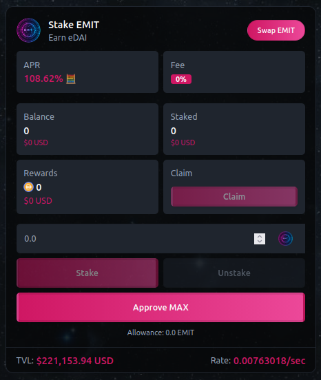EMITfarm's tweet photo. 📡 Stake EMIT & Earn $eDAI Rewards 🛰️

ℹ️ EMIT's Single-Sided Staking Pool Is Fueled By Market Volume via 4% Fee On Transactions. The More Volume / Activity The Token & Protocol Has, The More Rewards Generated!

🛰️ Current APR ➡️ 108% 

Farms ➡️ https://t.co/0jvHMNspxj 🔗
Community ➡️ https://t.co/9VVSi6Y0l2 🔗