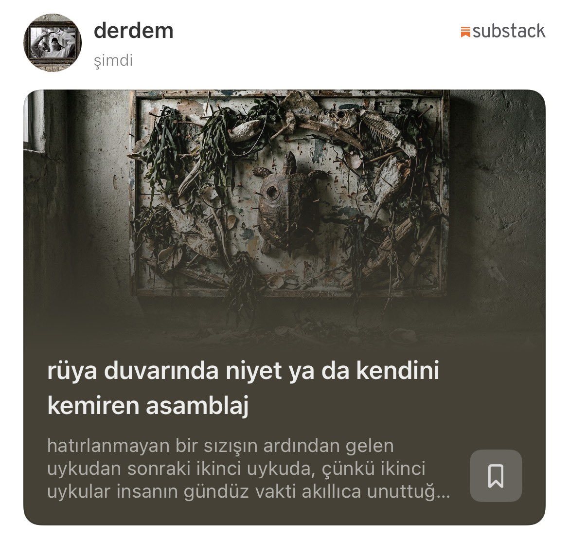 ‘rüya duvarında niyet ya da kendini kemiren asamblaj’ yazısını okumak isterseniz sizi çok iyi bir platforma (burada da hesabı var <a href="/Substack/">Substack</a>) davet edeyim, buranın pisliğinden de uzak kalmış olursunuz. yazıyı okumak için link: open.substack.com/pub/derdem/p/r…