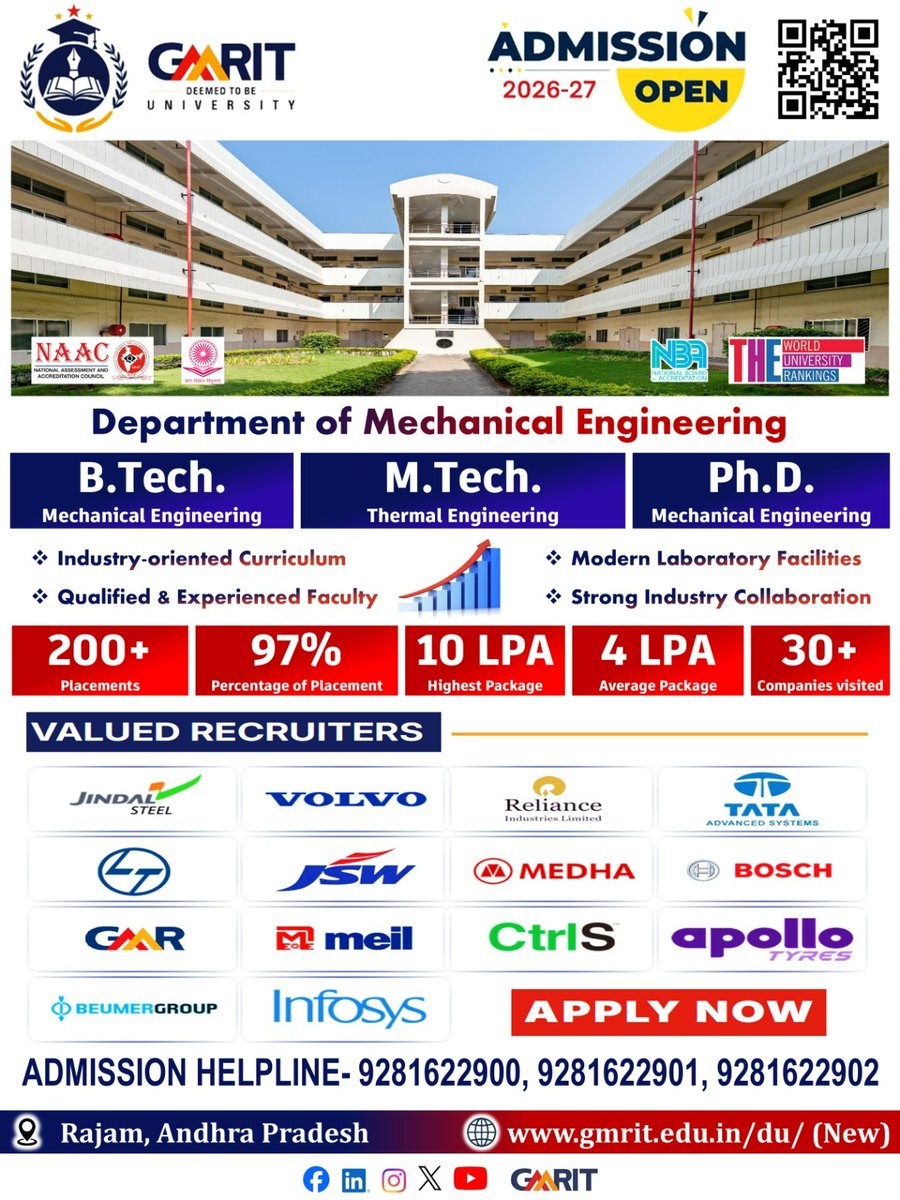 🎓 Admissions Open 2026–27 | Mechanical Engineering at GMRIT 🚀

97% placements | ₹10 LPA highest

📞 9281622900

#gmrit #gmritdu #gmritdeemedtobeuniversity 
#AdmissionsOpen #Engineering #HigherEducation #FutureReady #mechanicalengineering #placements