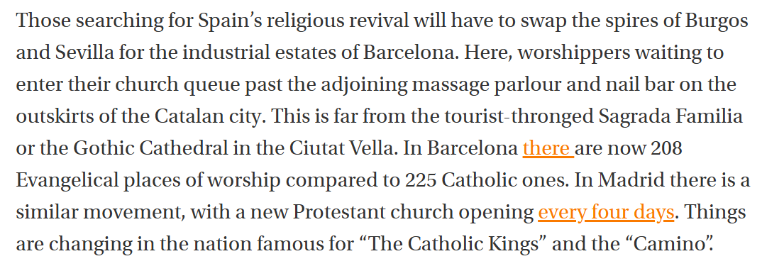 jacques_davey's tweet photo. Spain a land which devoted its history to fighting the Protestant Reformation is now succumbing to it at home.  Massive Latin-American immigration has brought a new wave of evangelical Protestants to the country. Spain and Europe with it are changing. https://t.co/LQdXjbGxKn