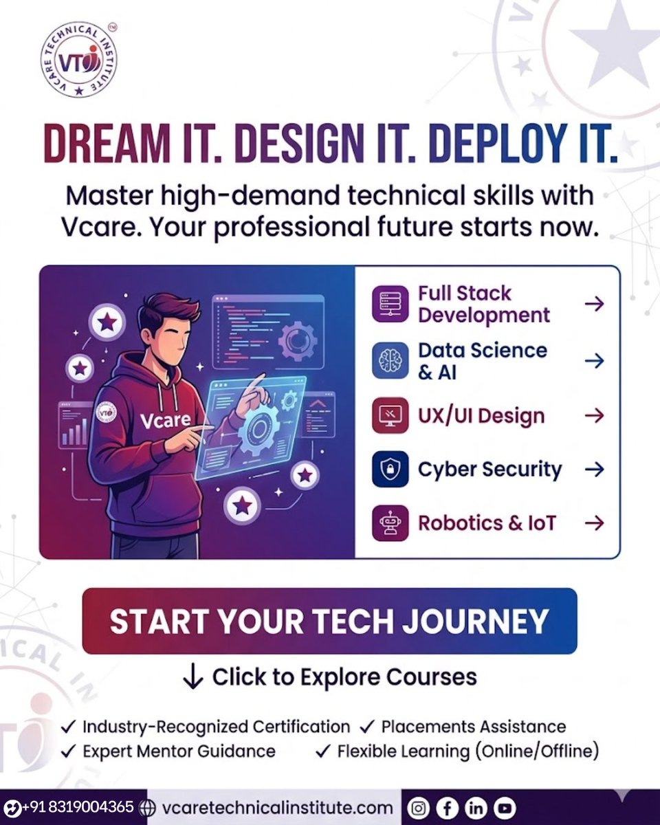 vcareinstitute's tweet image. Build Your Future in Tech 🚀

Turn your passion into a profession with skills that are in demand. Learn, create, and step confidently into the tech world with expert guidance.

📞 +91 8319004365
🌐 vcaretechnicalinstitute.com
#VcareTechnicalInstitute #TechCourses #LearnCoding
