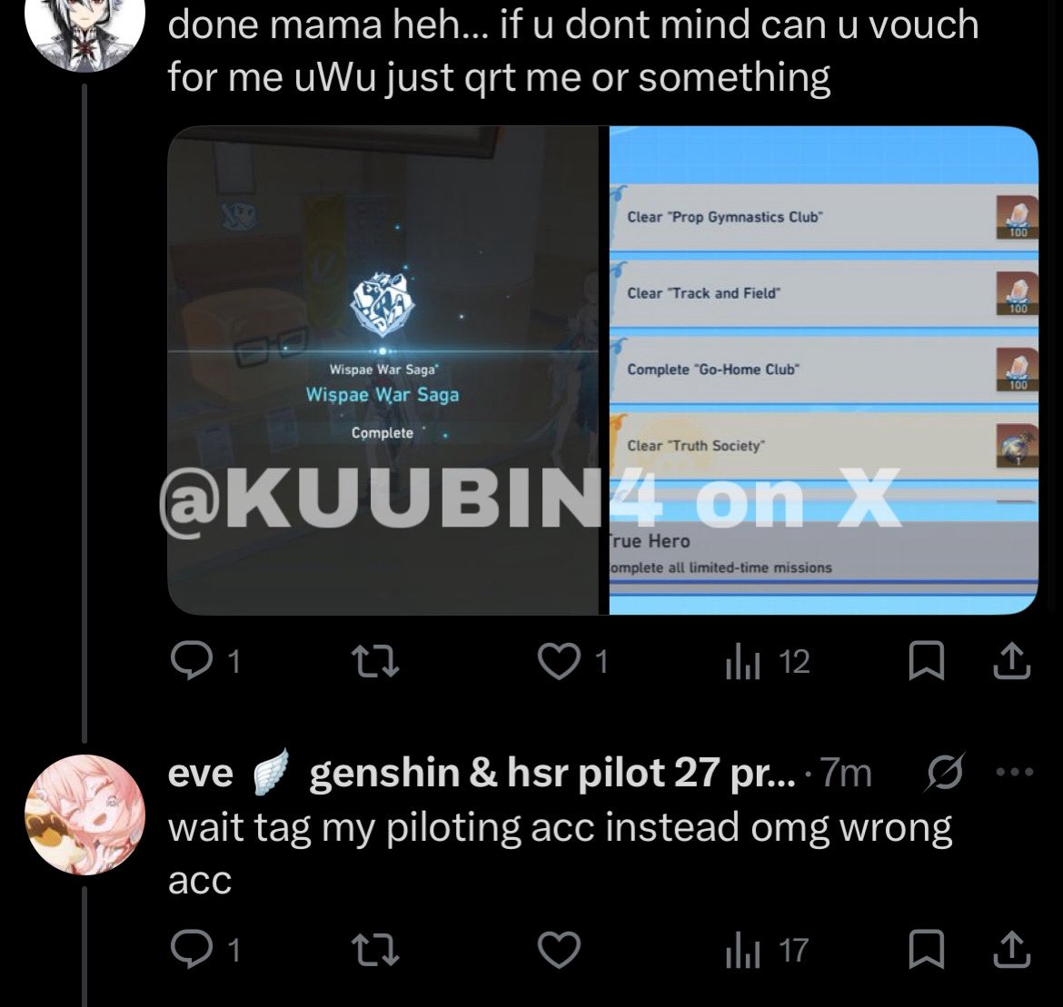KUUBIN4's tweet photo. WISPAE WAR SAGA EVENT IS ENDING SOON ‼️
#genshintwt #hsrtwt

8$ only! instant completion under 2 hours! ✅

avail me via x dm or discord: kuuhenbina 🫶🏻 https://t.co/jGikFt6VwT