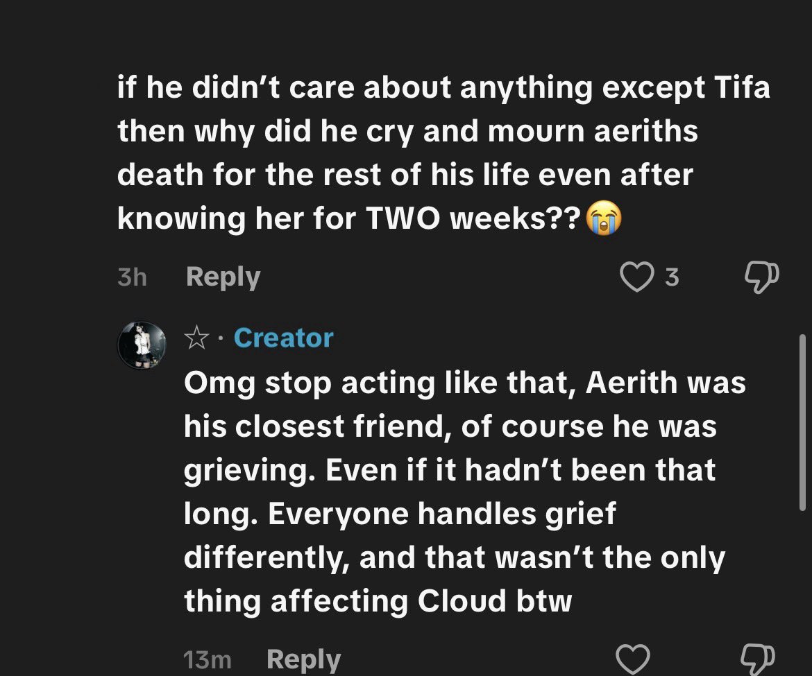oscyna's tweet image. Are we serious right now? Are we really going to act like Cloud grieving Aerith means he’s in love with her? HELLO, we’re talking about Aerith, his FRIEND.
Yes, it hasn’t been long, but so what? He watched his worst enemy stab his friend.