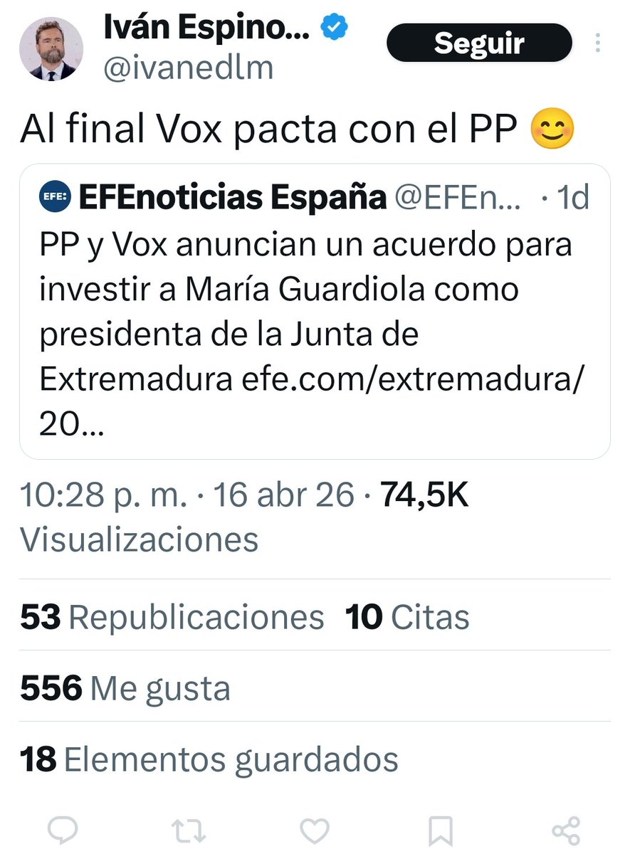 Está ameba con rizos me ha bloqueado sin decirle nada. Pero de algún modo he de contestar a este tuit suyo para decirle que NO, que VOX no ha pactado con el PP, es el PP quien ha claudicado y aceptado las propuestas no woke y no globalistas de VOX. Suena distinto, verdad Ateneo.