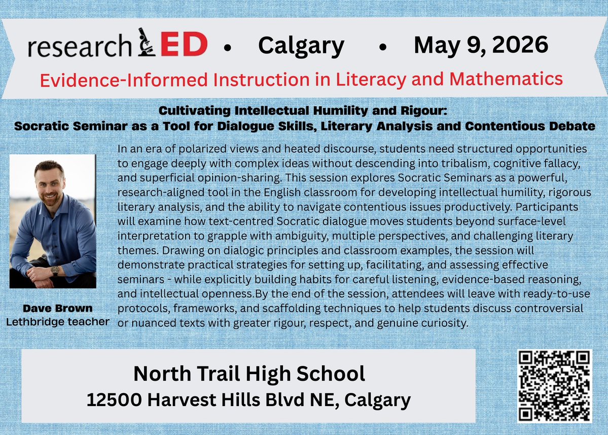 researchEDCan's tweet image. Big Ideas!  Join Us at #researchEDCalgary (Sat May 9) for Keynote Speaker @natwexler, author of The Knowledge Gap (2019) and Lethbridge teacher Dave Brown on "Socratic Seminars."  You can count upon us for out-of-the-box thinking. #ABed #ABpoli #cdned