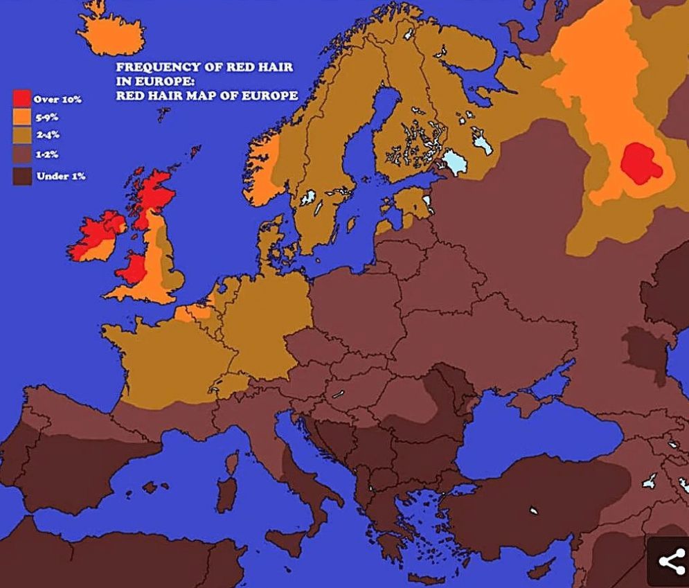 Frequency of red hair in Europe