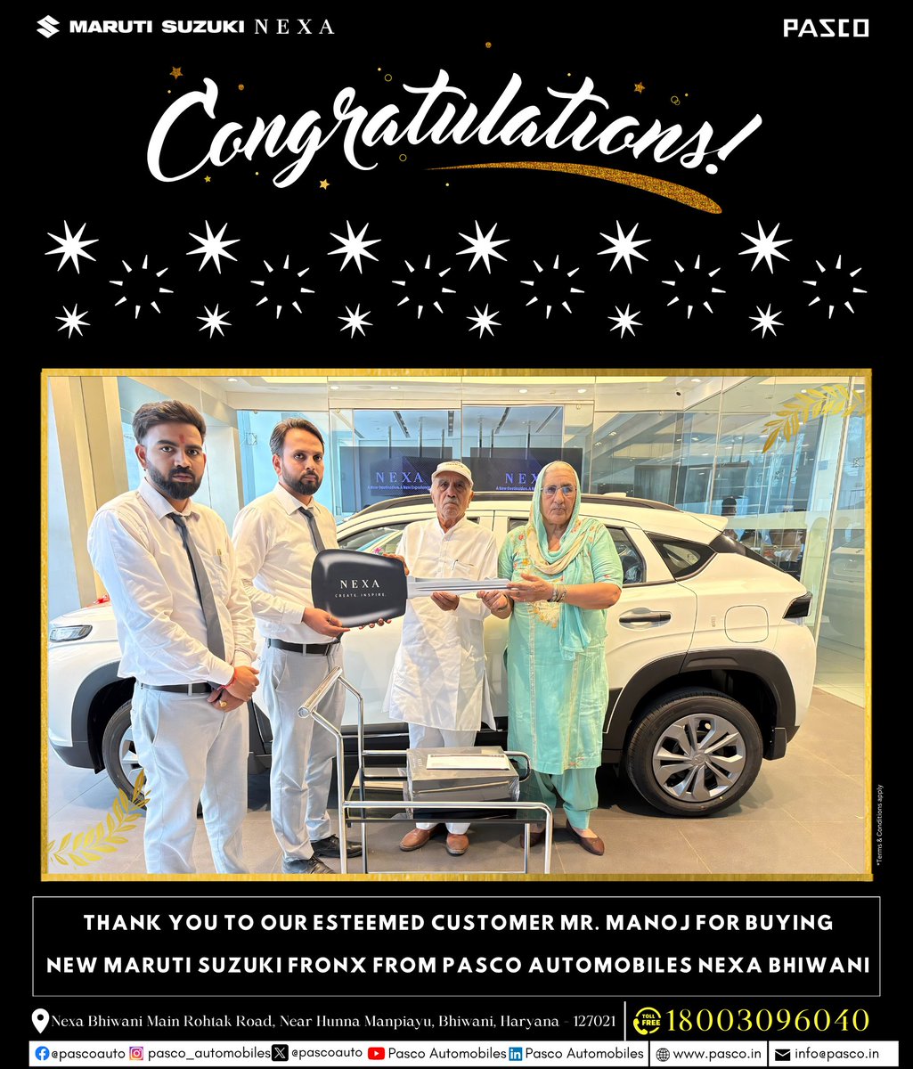 pasconexa's tweet image. #Thankyou to our esteemed customers for choosing NEXA Bhiwani! 💙
More #happycustomers. More grand journeys.
Welcome to the #NEXA family—where every drive becomes extraordinary! 🚗✨

Book your Nexa Car today!
📞 1800-309-6040

#PascoAutomobiles #PascoAutomobiles #PascoNexa