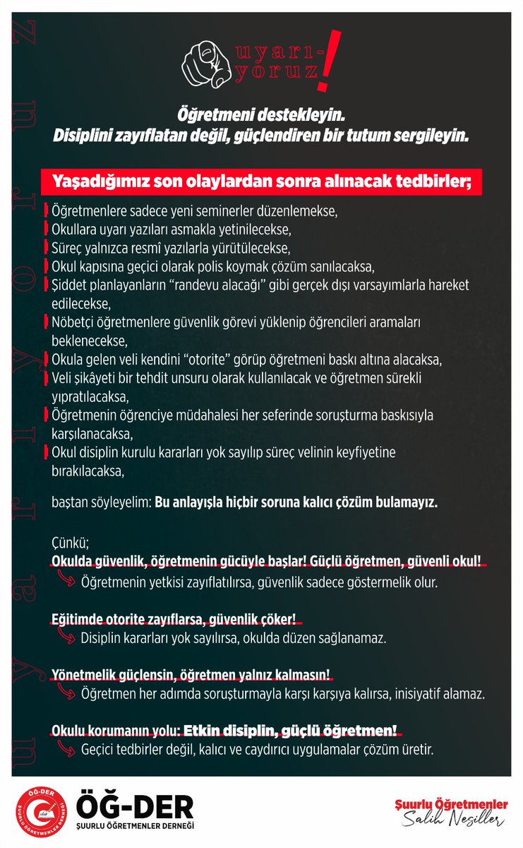 🔻
U Y A R I Y O R U Z ‼️

📍"Öğretmeni destekleyin.
Disiplini zayıflatan değil, 
güçlendiren bir tutum sergileyin."

#Kahramanmaraş l #saldırı l #Şanlıurfa l #Siverek l #EğitimdeŞiddeteHayır
