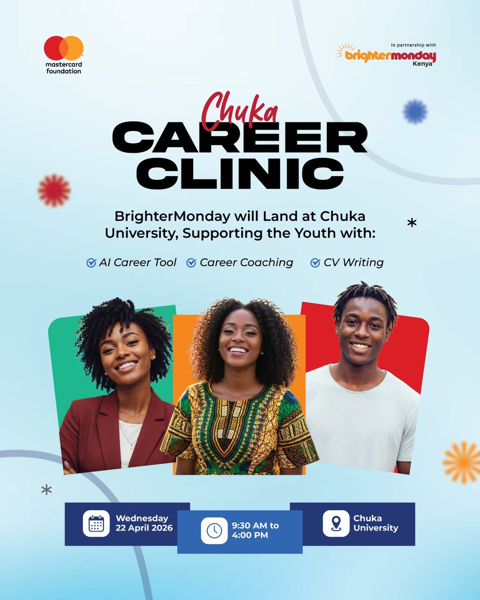 BrighterMonKE's tweet image. Chuka Sema Vibe!!! BrighterMonday inaland Chuka na Career Action Kwa Ground.
Logistics
📍 Chuka University
📅 Wednesday, 22nd April
⏰ 9:30 AM to 4:00 PM

On the menu
💼 Career Coaching
🤖 AI Career Tool
📝 CV Writing
See you kwa ground, no need for Registration.
#CareerGrowth