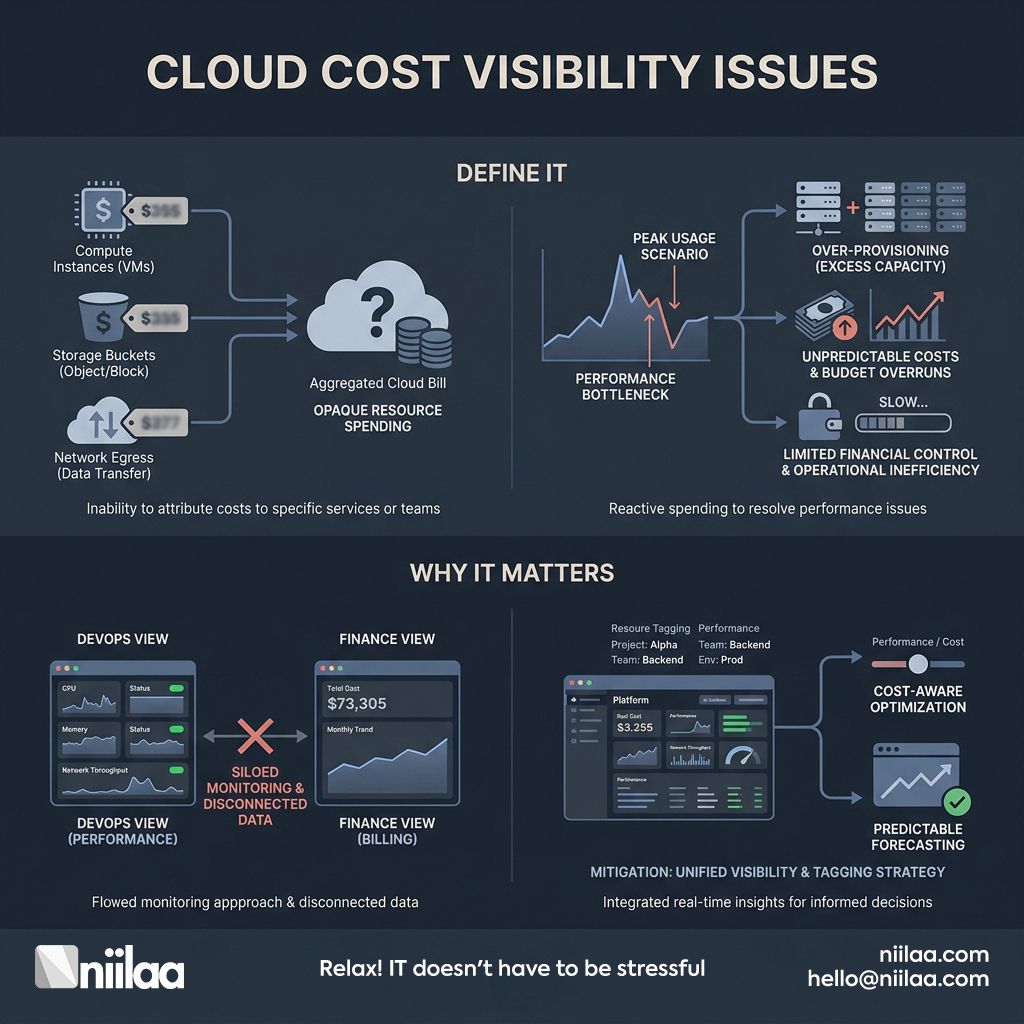 niilaaLLC's tweet image. Cloud cost visibility issues are usually an ownership + tagging problem. Enforce tags at provisioning, separate shared services, and link spend to observability and change management so capacity planning isn’t a monthly surprise. #CloudCost #ITOperations