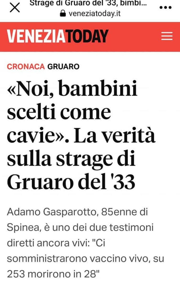LA STRAGE DI GRUARO
La strage impunita di 28 bambini, scelti come cavie.

Il comune era stato scelto segretamente per testare un vaccino 💉sperimentale che venne somministrato ai bimbi dai 13 mesi agli 8 anni, 28 decessi si verificarono a causa di paralisi.
Non ci furono indagati