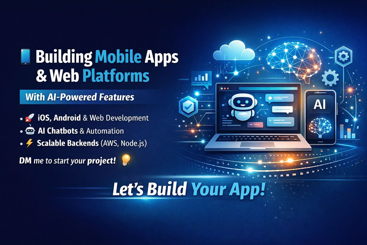 Saty785's tweet image. Got an app idea?
Let’s turn it into a scalable product 🚀

📱 iOS, Android &amp;amp; Web
🤖 AI Chatbots &amp;amp; Automation
⚡ Scalable Backend (AWS, Node.js)

Let’s build something powerful 👇
📩 DM to get started

#Tech #MobileDevelopment #WebDevelopment #App #AppDevelopment #AI #Chatbots