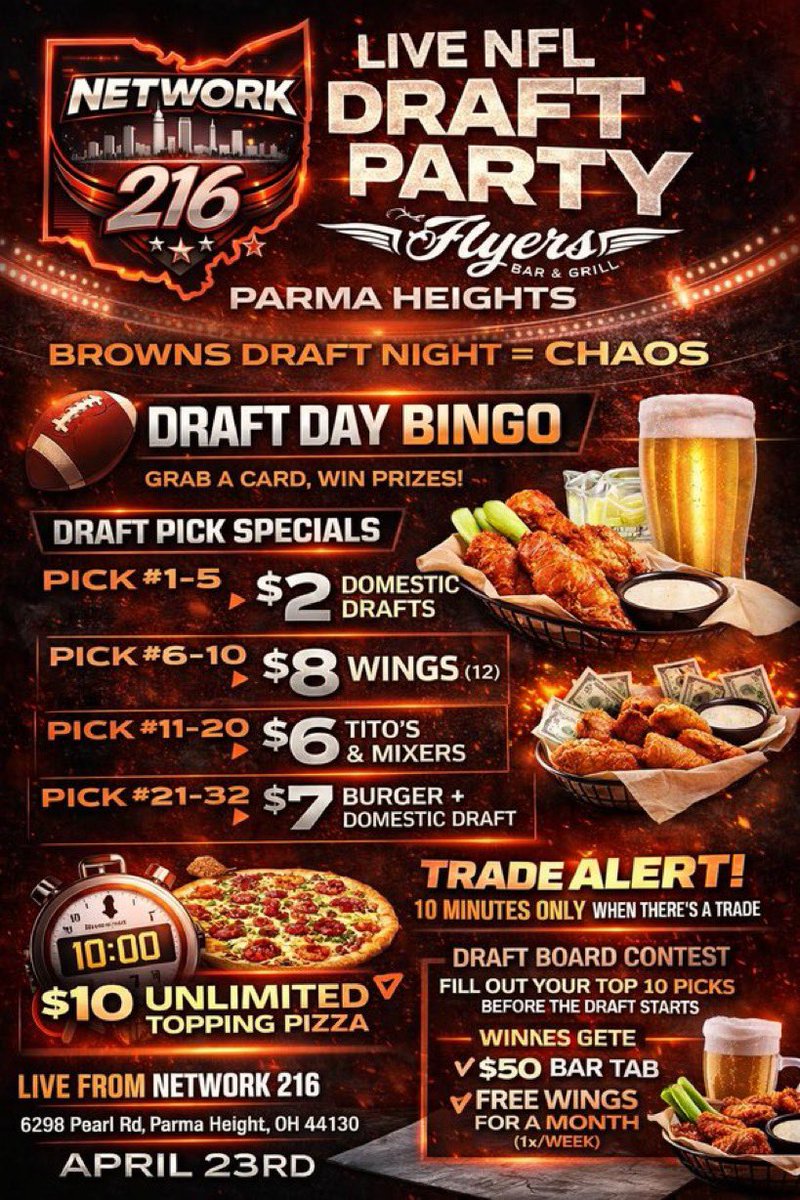 Network_216's tweet photo. We’re going LIVE for the 1st Round of the NFL Draft at Flyers Bar & Grill 🏈

🍺 Draft pick drink specials
🍗 Wings, burgers & pizza deals
🎯 Draft Day Bingo + prizes
🚨 Trade alerts = FLASH deals

📍 Parma Heights
📅 April 23rd | 8PM

Pull up with the crew. React to EVERY pick.

#NFLDraft #Browns #Cleveland #DraftNight