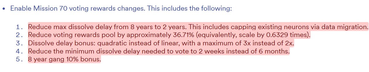 HEROonchain's tweet photo. Time to implement the last Part of Mission 70 on $ICP:
Proposal 141441 is live ✅
Proposal 141440 is live ✅

➡️Reduce max dissolve delay from 8 years to 2 years. This includes capping existing neurons via data migration.

➡️Reduce voting rewards pool by approximately 36.71% (equivalently, scale by 0.6329 times).

➡️Dissolve delay bonus: quadratic instead of linear, with a maximum of 3x instead of 2x.
➡️
Reduce the minimum dissolve delay needed to vote to 2 weeks instead of 6 months.

➡️8 year gang 10% bonus.