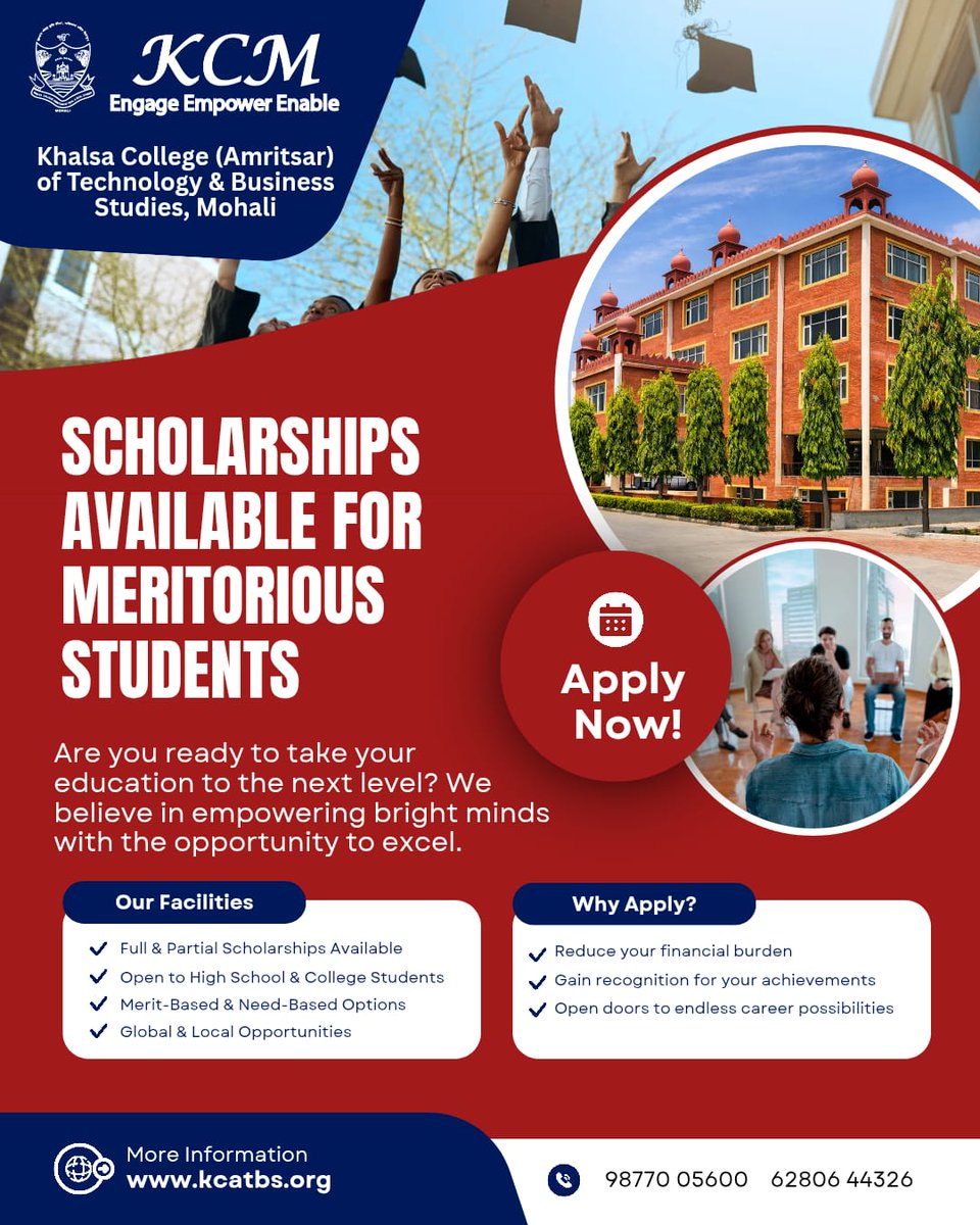 KhalsaMohali's tweet photo. Scholarships Available for Meritorious Students at Khalsa College (Amritsar) of Technology &amp; Business Studies, Mohali.
#Scholarship #MeritBasedScholarship #NeedBasedScholarship #KCCTBS #MohaliCollege #HigherEducation #StudentSuccess https://t.co/D6NaPmCwB7