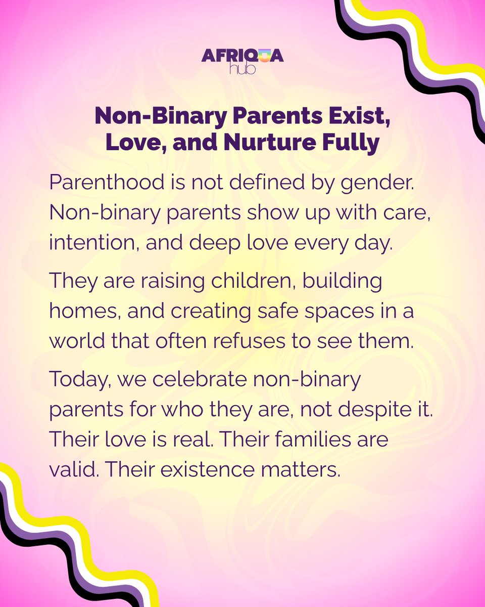 afriquahub's tweet image. Family can look like a mum and a dad with children, two mums with children, or two dads with children. It can also be a non-binary parent and a dad, or non-binary parents raising children together. Never forget, family looks like everyone!

#queerparenting #transparent