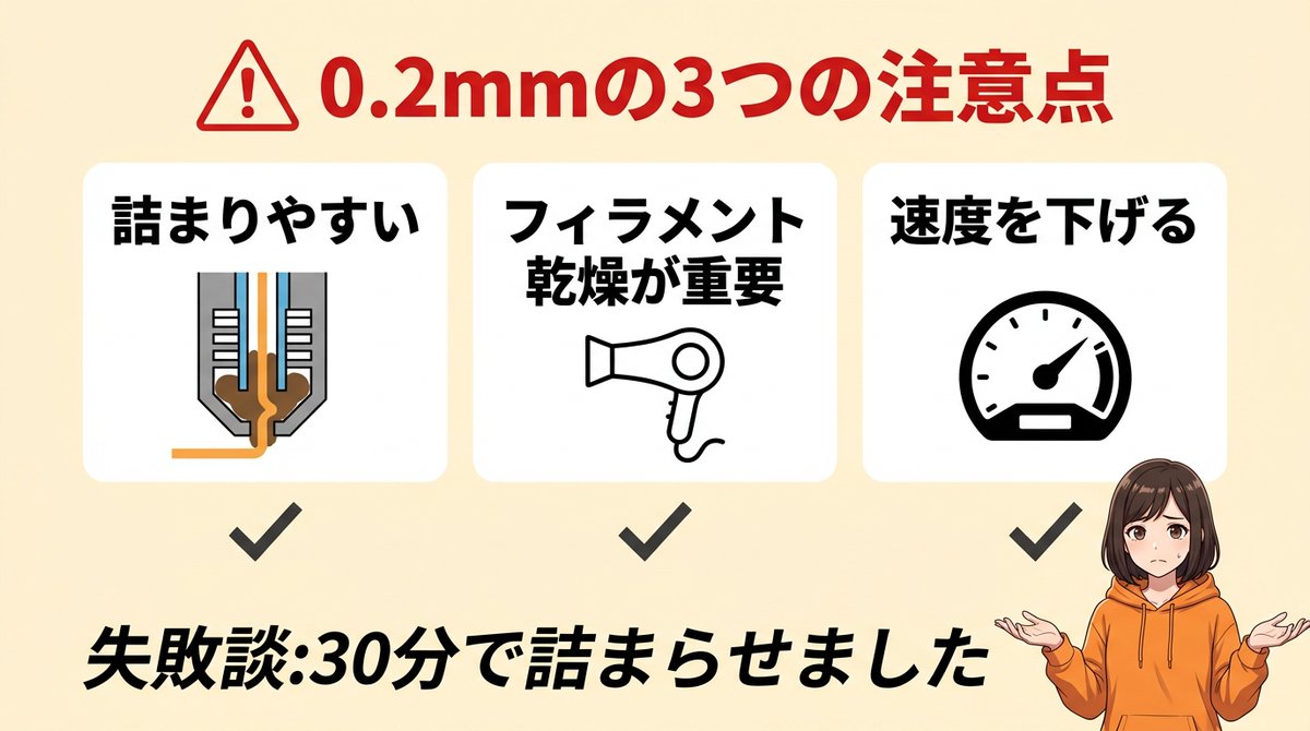 mar3dbox's tweet photo. ⚠️ 0.2mmノズルを初めて使ったとき、いつもの設定のまま印刷して30分で詰まらせた

原因はフィラメントの乾燥不足。0.4mmでは問題なかったのに

0.2mmは「穴が小さい＝湿気に敏感」。乾燥が命🛡️ https://t.co/VinahuiOMf
