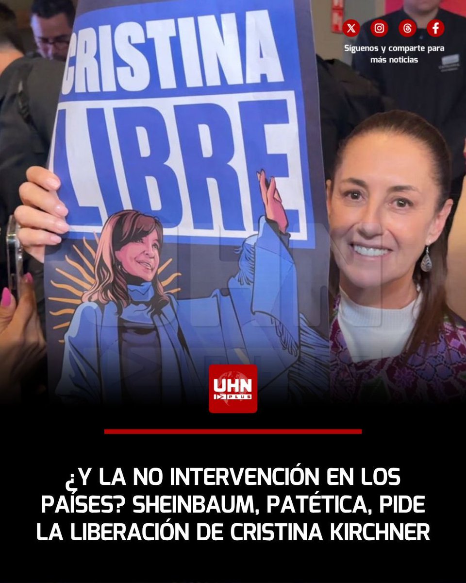 UHN_Plus's tweet photo. 🇲🇽🇦🇷‼️| En un acto tan vergonzoso como real, Claudia Sheinbaum se olvidó de la autodeterminación de los pueblos que vive marcando y al llegar a España tomó una pancarta pidiendo la liberación de Cristina Kirchner, la presidenta más corrupta de la historia argentina. "Fuerza Cristina, estamos contigo", exclamó en un video luego. Cristina todavía afronta procesos vinculados a la corrupción en la obra pública, lavado de activos y enriquecimiento ilícito, entre otras.