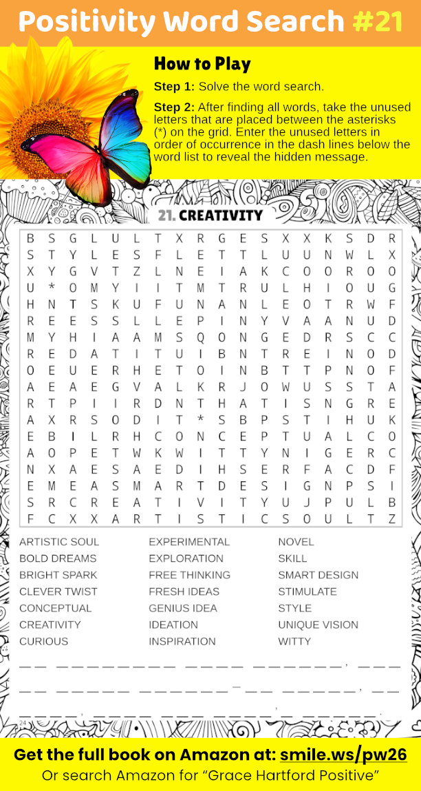 Grace_Puzzles's tweet image. 🎨 Stretch your mind with this Creativity word search. Explore expressive words and find a hidden affirmation that fuels fresh ideas. Play meets inspiration. Search Amazon for “Grace Hartford Positive” for more puzzles. #CreativeThinking #WordSearch #Inspiration