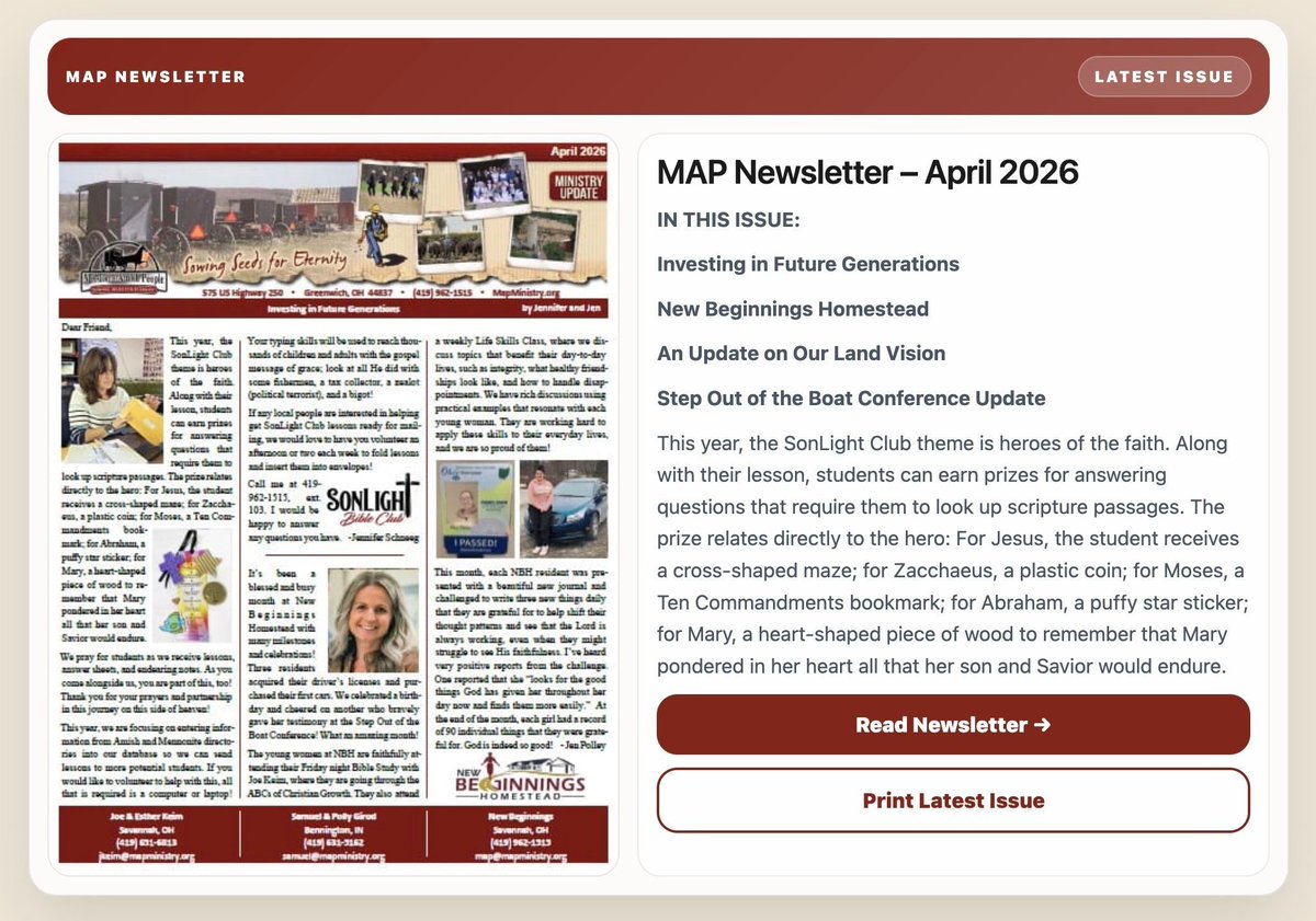 MAPMinistry's tweet photo. We missed connecting with you last month due to the conference, but, today, we are excited to share a brand new ministry update. In this ministry update, you will hear from Jen and Jen, and from me (Joe).

Read our April Newsletter: https://t.co/BkP5t1MCG2 https://t.co/rZ66zDvZxd