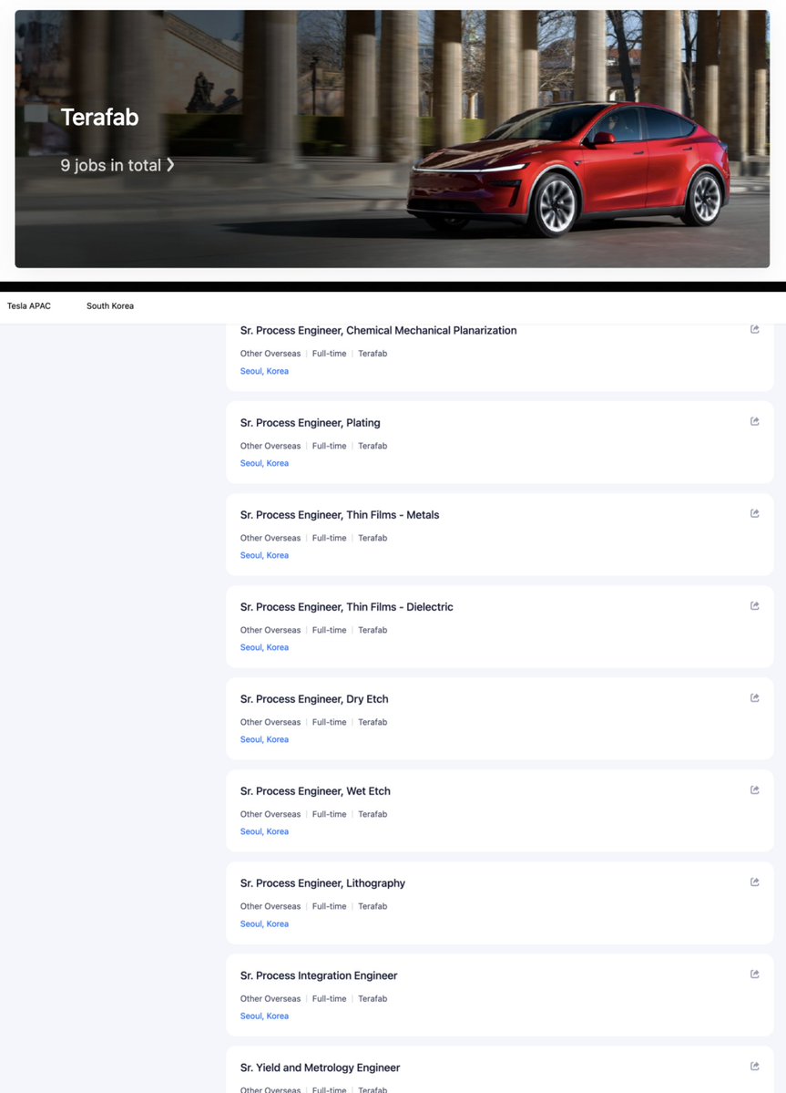 Tslachan's tweet image. $TSLA 🇰🇷
BREAKING : Tesla has launched a job posting related to "TERAFAB" in Korea. 

There are currently a total of 9 job postings in the company.

• Sr. Process Engineer, Chemical Mechanical Planarization.
• Sr. Process Engineer, Plating.
• Sr. Process Engineer, Thin Films -